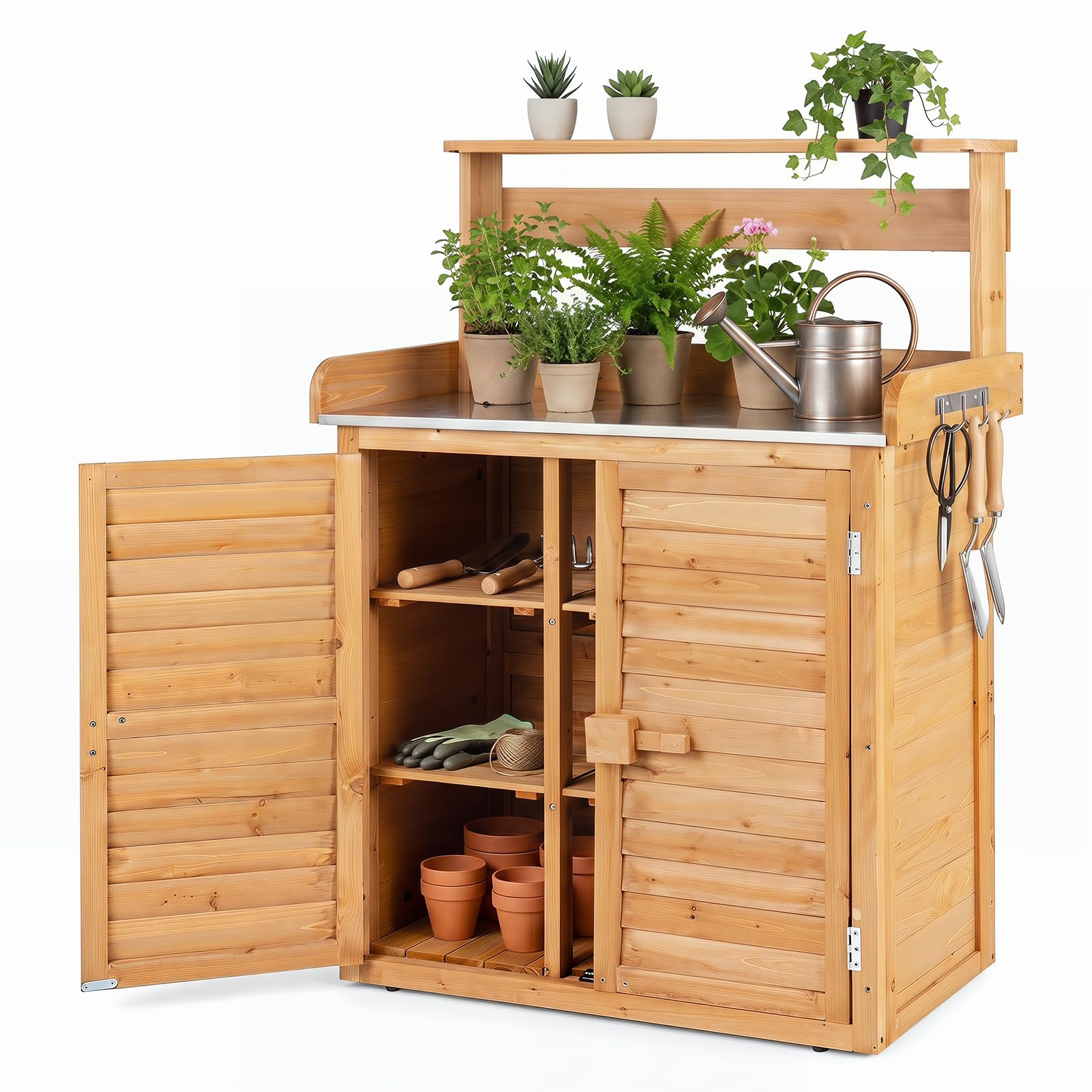 COSTWAY Outdoor Storage Shed, Wooden Garden Potting Bench Table with Stainless Steel Top, 3 Hanging Hooks & Removable Shelves, Waterproof Tools Cabinet Planting Workstation for Patio Courtyard Balcony