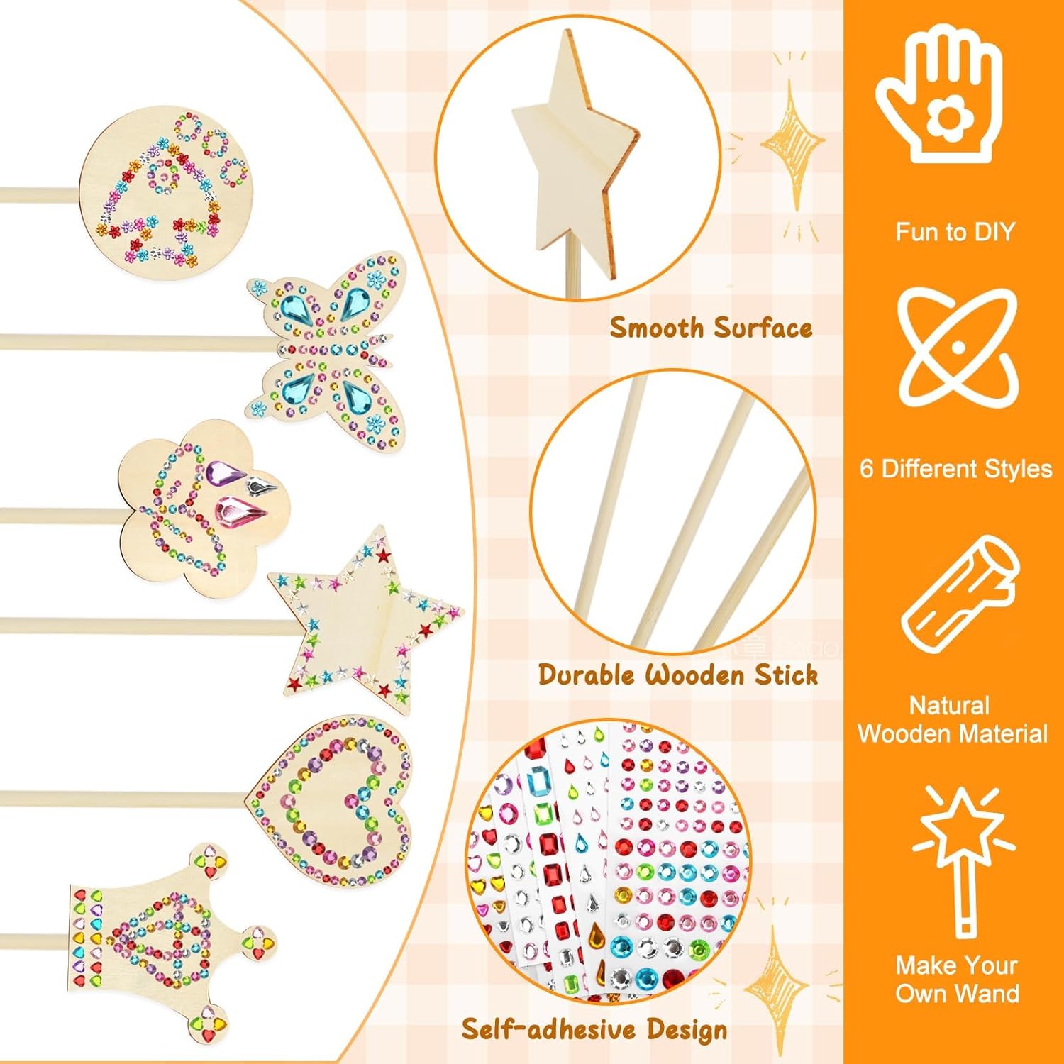 SAYAYA 48 Pack Fairy Wands Craft Kit, 6 Styles Unfinished Wooden Princess Wands with Stickers DIY Fun Party Supplies for Birthday Parties, Princess Celebrations, and Creative Gift & Craft Activity