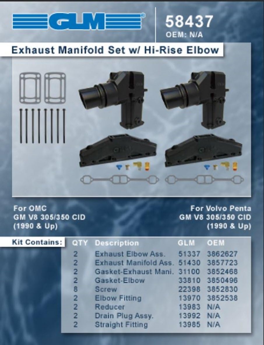 GLM Marine Complete Exhaust Manifold set compatible with 1990-2006 OMC Volvo Penta 5.0L 305 & 5.7L 350 with 11.3" Hi Risers. Replaces OEM #3862627