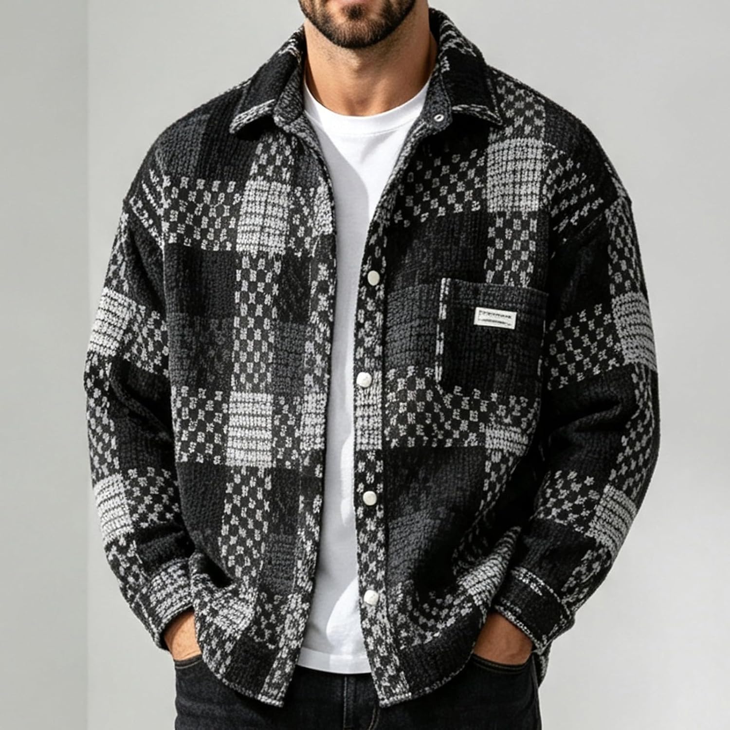 Men's Retro Plaid Shirt Jacket Winter Button Down Coat