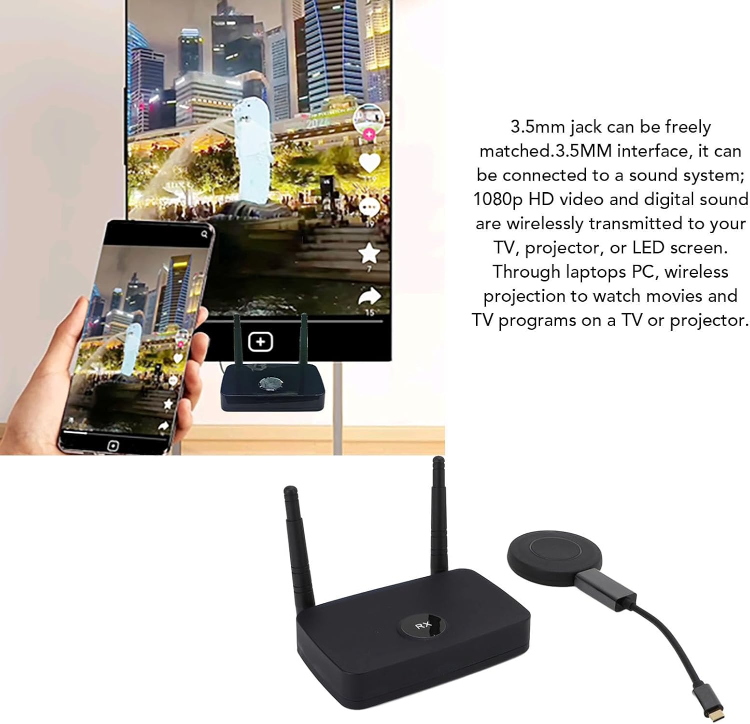 Wireless Transmitter and Receiver, 1080p Full HD, 100m Range, Plug & Play, Type-C & VGA Compatible for TV Projector Monitor Streaming