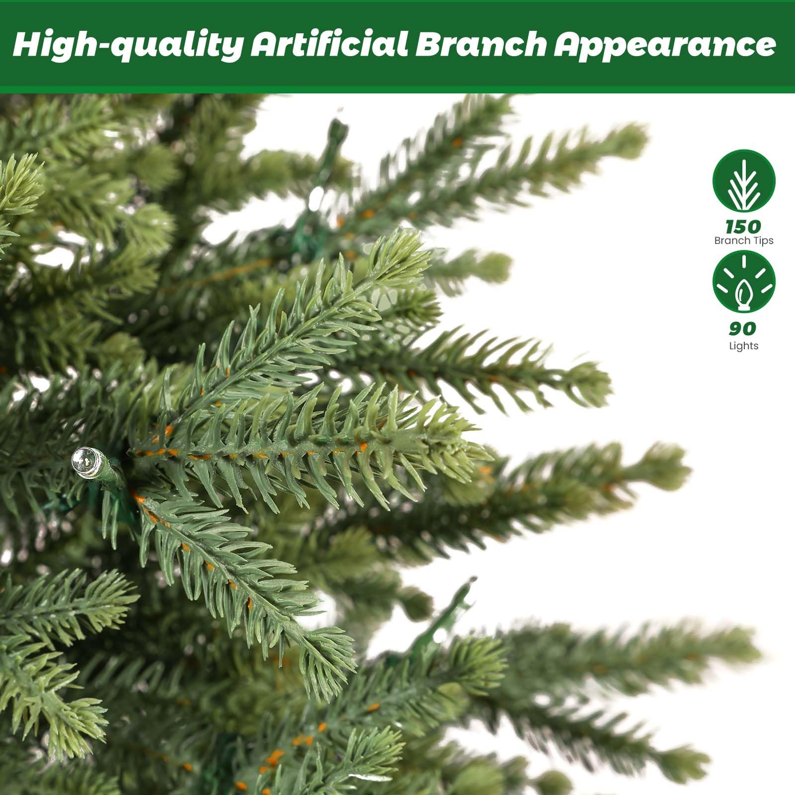 Alupssuc 95 cm Árbol de Navidad Artificial Preiluminado, Puntas de Ramas de PE Tupidas y Naturales, Luces LED Premium 90, 12 Modos de Luz, Decoraciones Navideñas