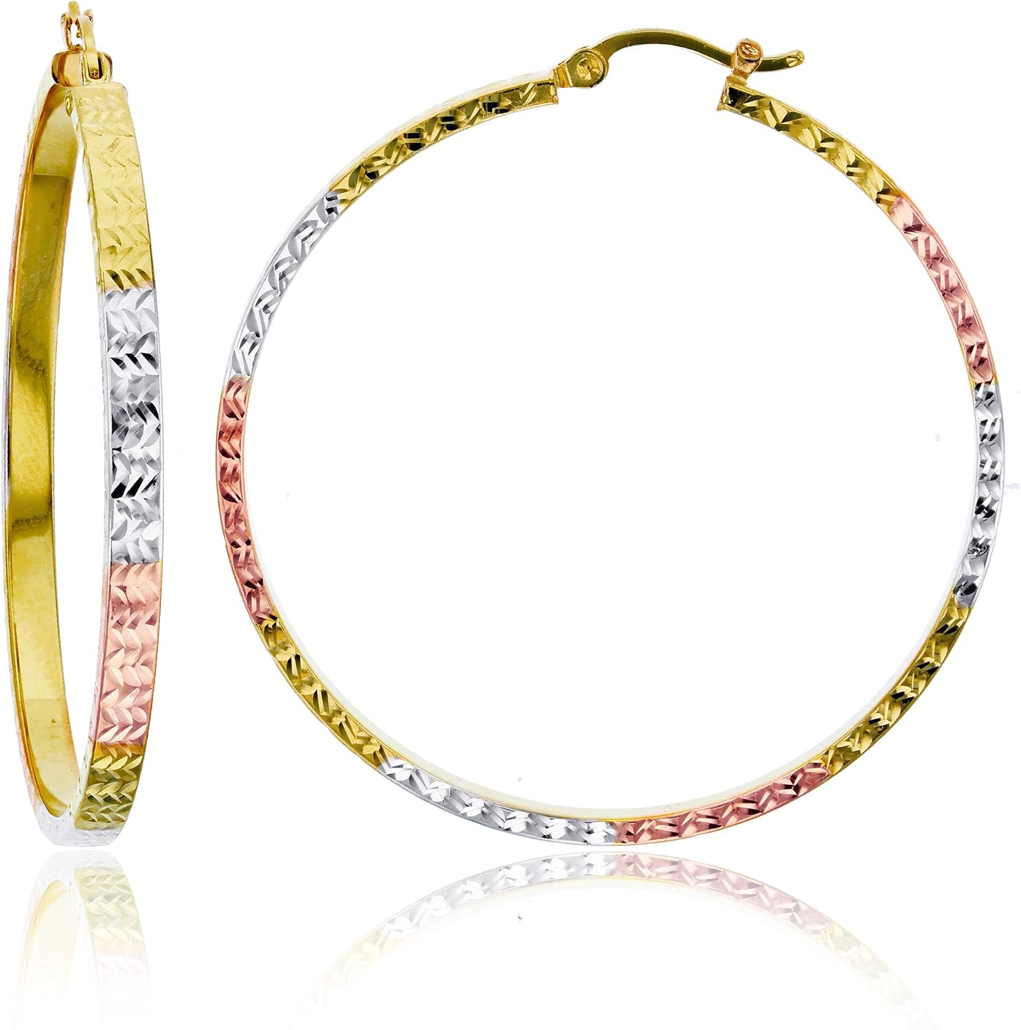 14k Two Tone or Tri Color Gold Solid Diamond Cut Flat Hoop Earrings for Women, 3mm Tube 10mm-65mm Diameter