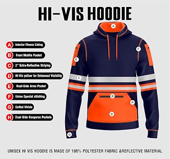 mymixtrendz Mens Hi Vis Pullover Multi Zipped Pockets Hoodie Safety Work Wear Reflective Tape High Visibility Hoodie Sweatshirt S-2XL