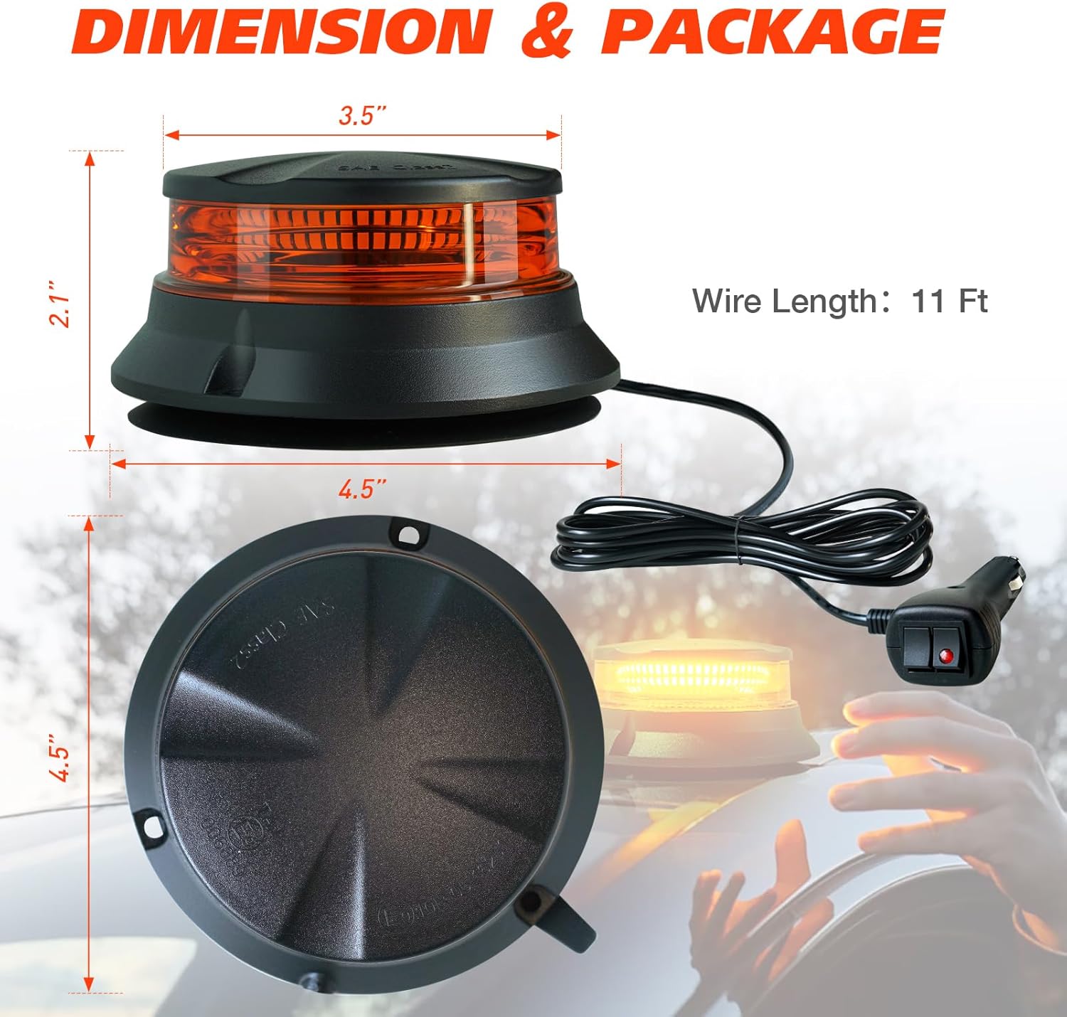 Magnetic Beacon Light, 48 LED Amber Magnetic Strobe Light with Screw Mounting, 12V-24V Safety Emergency Hazard Rotating Flashing Warning Lights for Truck, Van, Tractor IP67 Waterproof