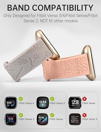 Miniatura 9 de Minyee Paquete de 2 correas grabadas florales compatibles con Fitbit Versa 4Versa 3Sense 2Sense Band para mujer, bonito diseño de girasol de diente