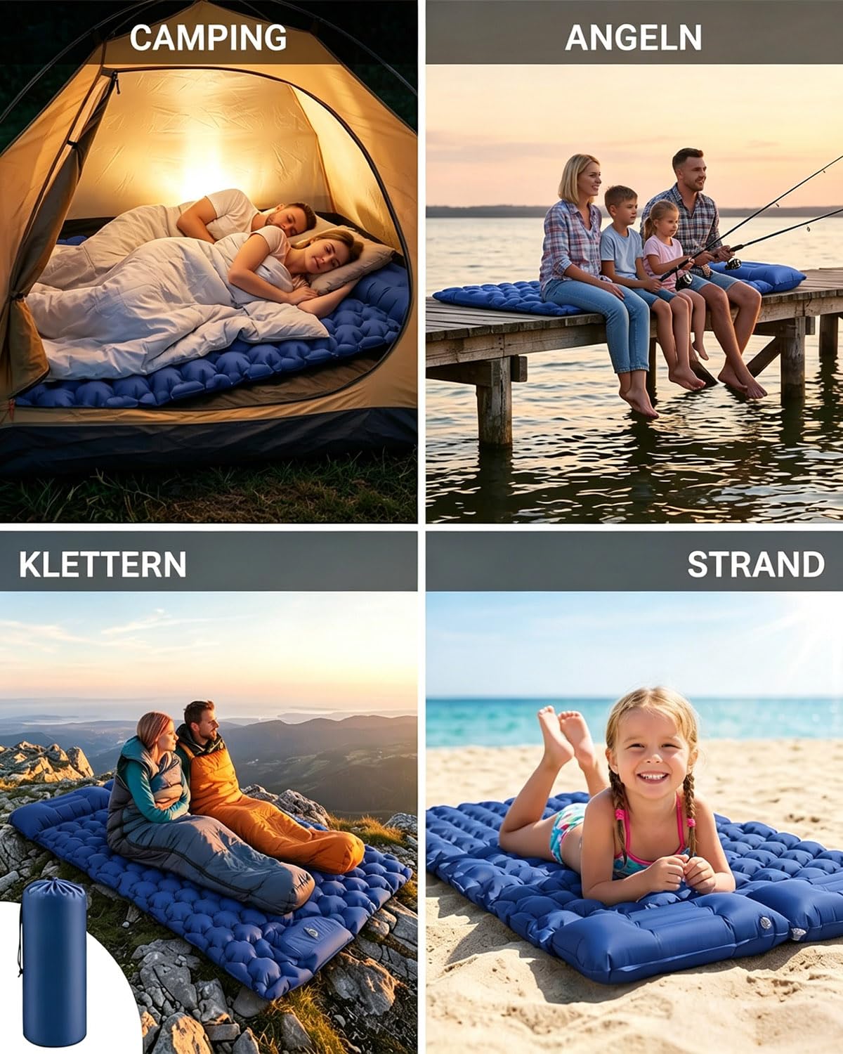 Isomatte Camping für 2 Personen, Verdicktes Aufblasbare Luftmatratze mit Fußpumpe & Kissen, 40D-Nylon Wasserdicht Camping Matratze Aufblasbar, für Reise, Outdoor, Kleines Packmaß, 200 x 125cm(Blau)