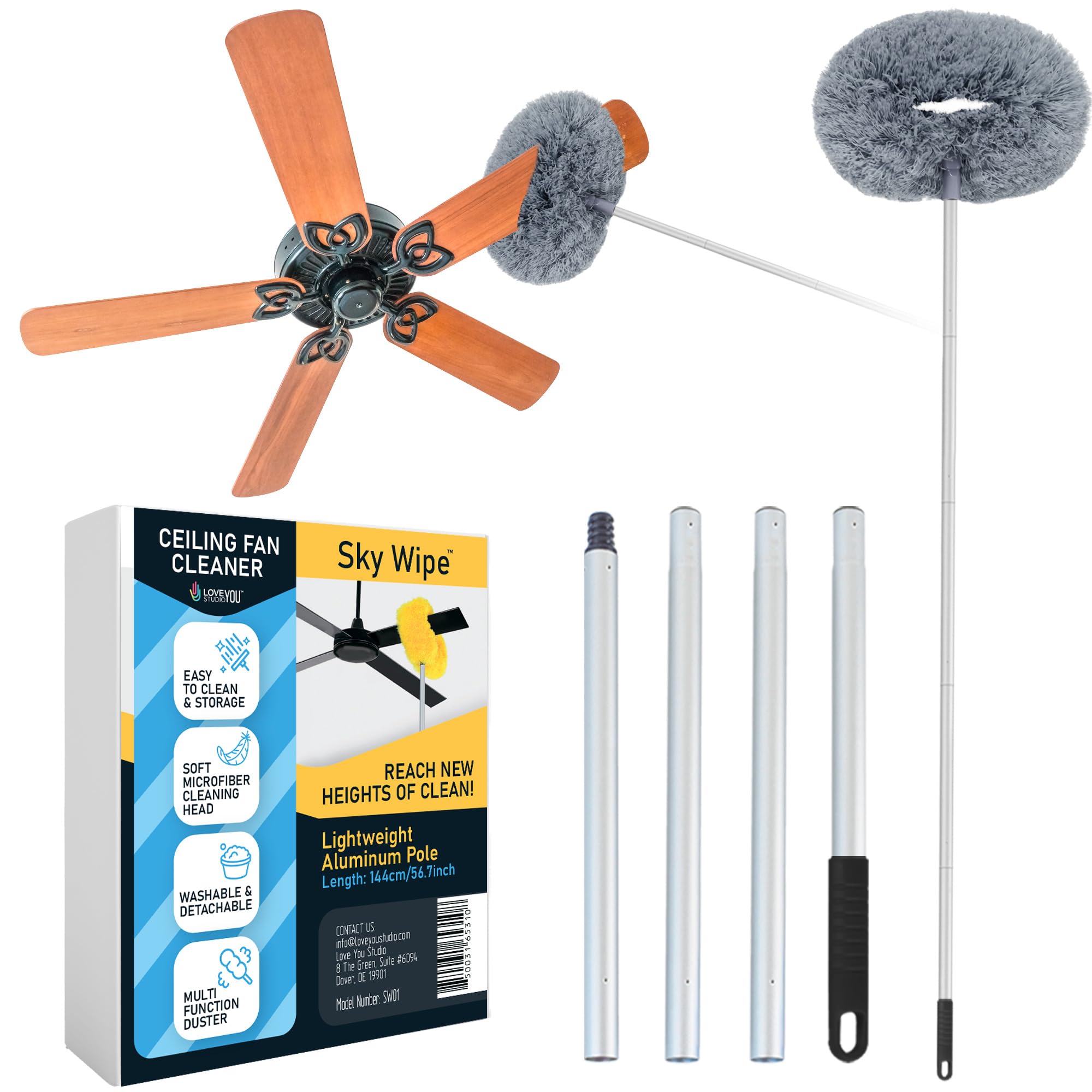 The ‘SkyWipe’ Ceiling Fan Cleaner Duster with Extension Pole - Microfiber Cleaning Tool Extended Long Handle for High Ceiling (Grey)