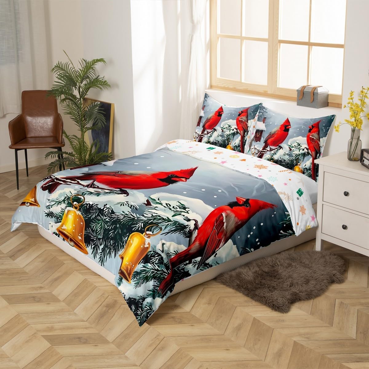 Manfei Cardinal Red Bird Decorations Beddding,Snowflakes Winter New Year Duvet Cover for All Season,Jingling Bell Kids Bedroom Decor Comforter Cover (No Filler) Full Size,3PCS