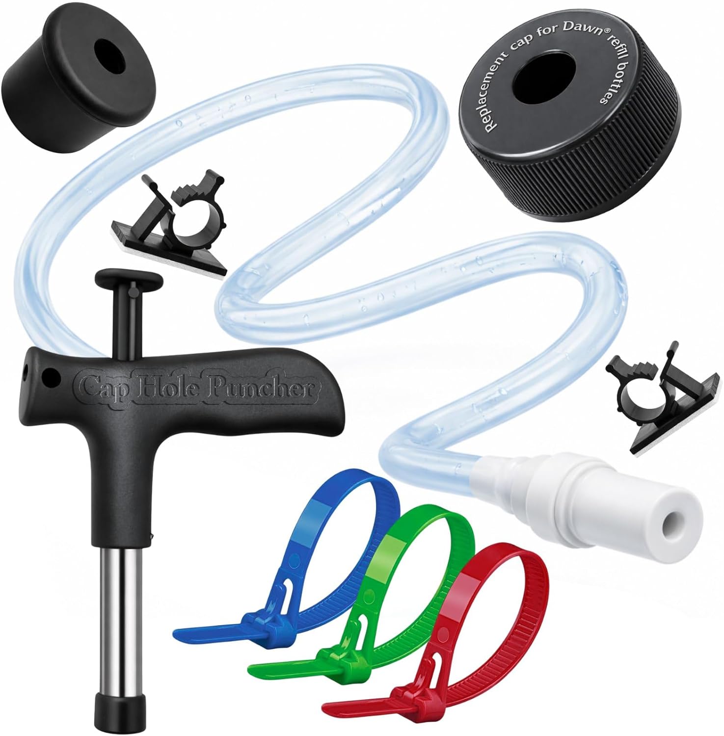 Sink Soap Dispenser Extension Tube Kit, 47" Silicone Hose with Upgraded Check Valve, Cap for Dawn Refill Bottles, Universal Silicone Cap, Hole Puncher, Hose Clamps & Zip Ties