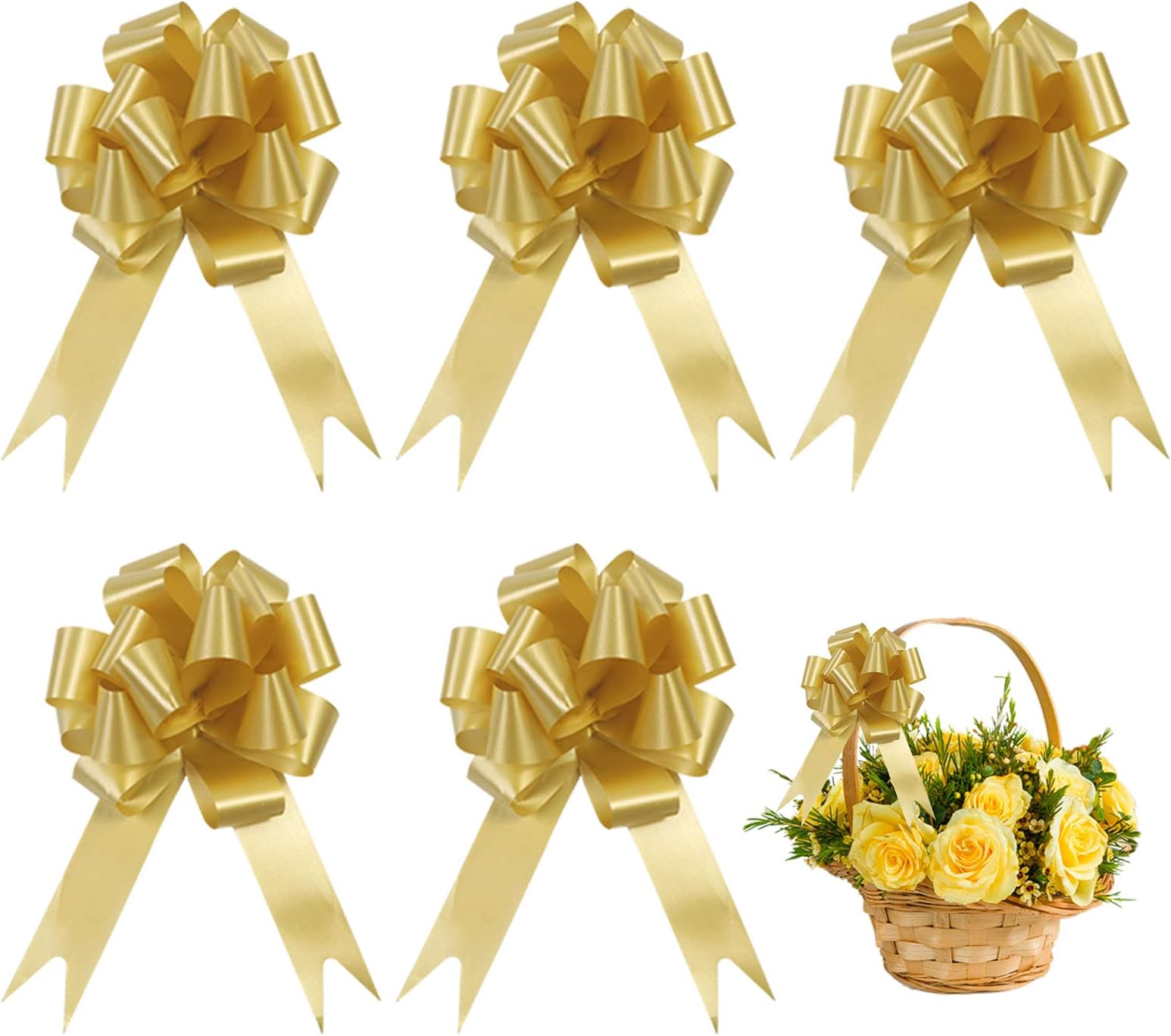 Hileyu 50 Pcs Christmas Ribbon Pull Bow Present Basket Pull Bows Knot Ribbon Present String Wrapping Bows for Christmas New Year Thanksgiving Party Birthday Party wedding Ornament (Gold)