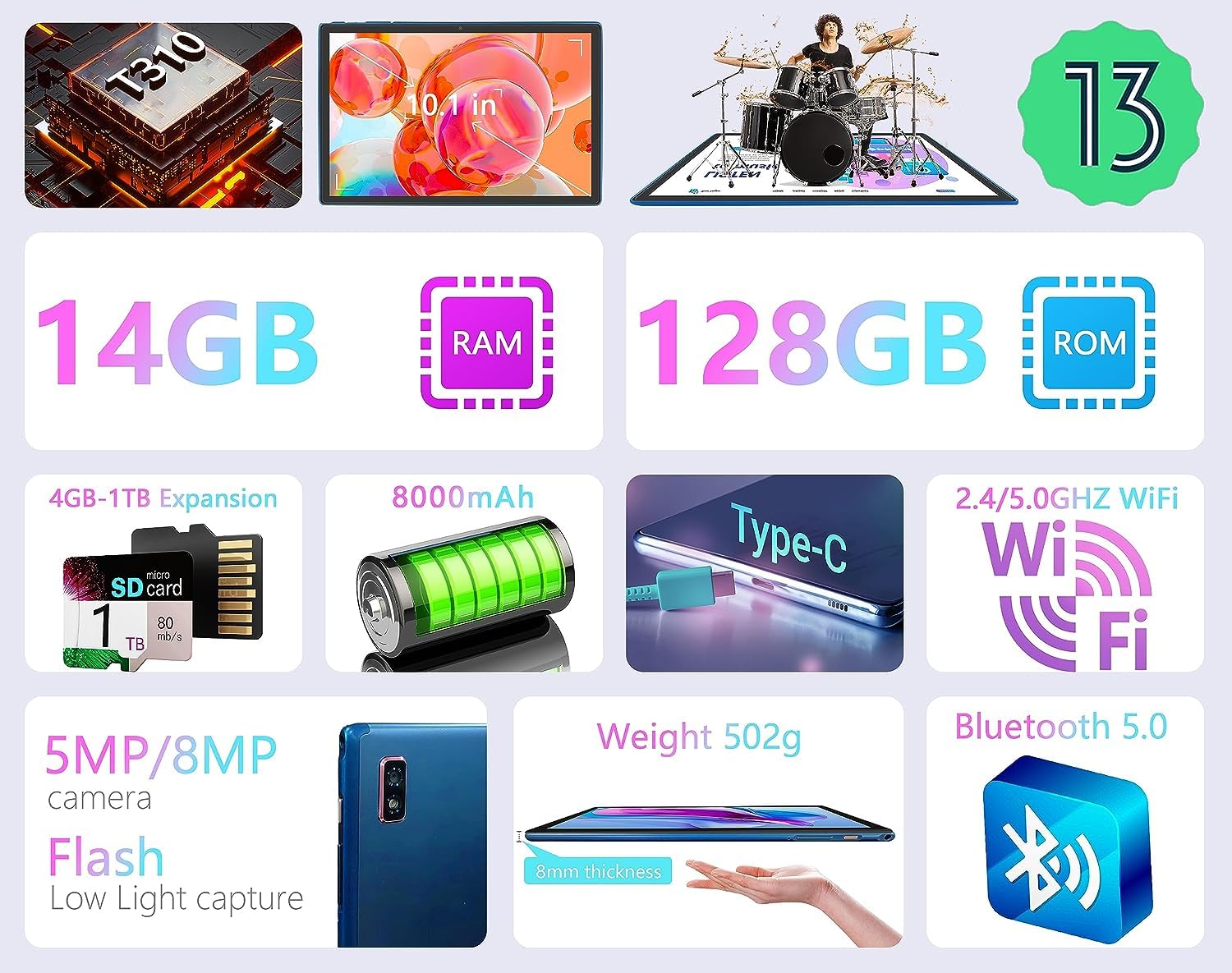 GOODTEL 2024 Newest Tablet 10 Pollici 14GB RAM+128GB ROM (1TB TF),Android 13 Tablets,5G + 2.4G WiFi,Bluetooth 5.0,GPS,Batteria 8000mAh,GMS,8MP+5MP,Tablet PC con Custodia,Tastiera e Mouse,Nero