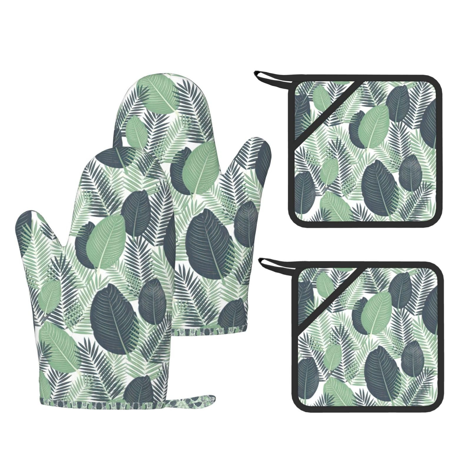 Green Tropical Leaves Fashion Printed Kitchen Kit with Heat Resistant Oven Mitts & Non-Slip Hot Pads for Baking
