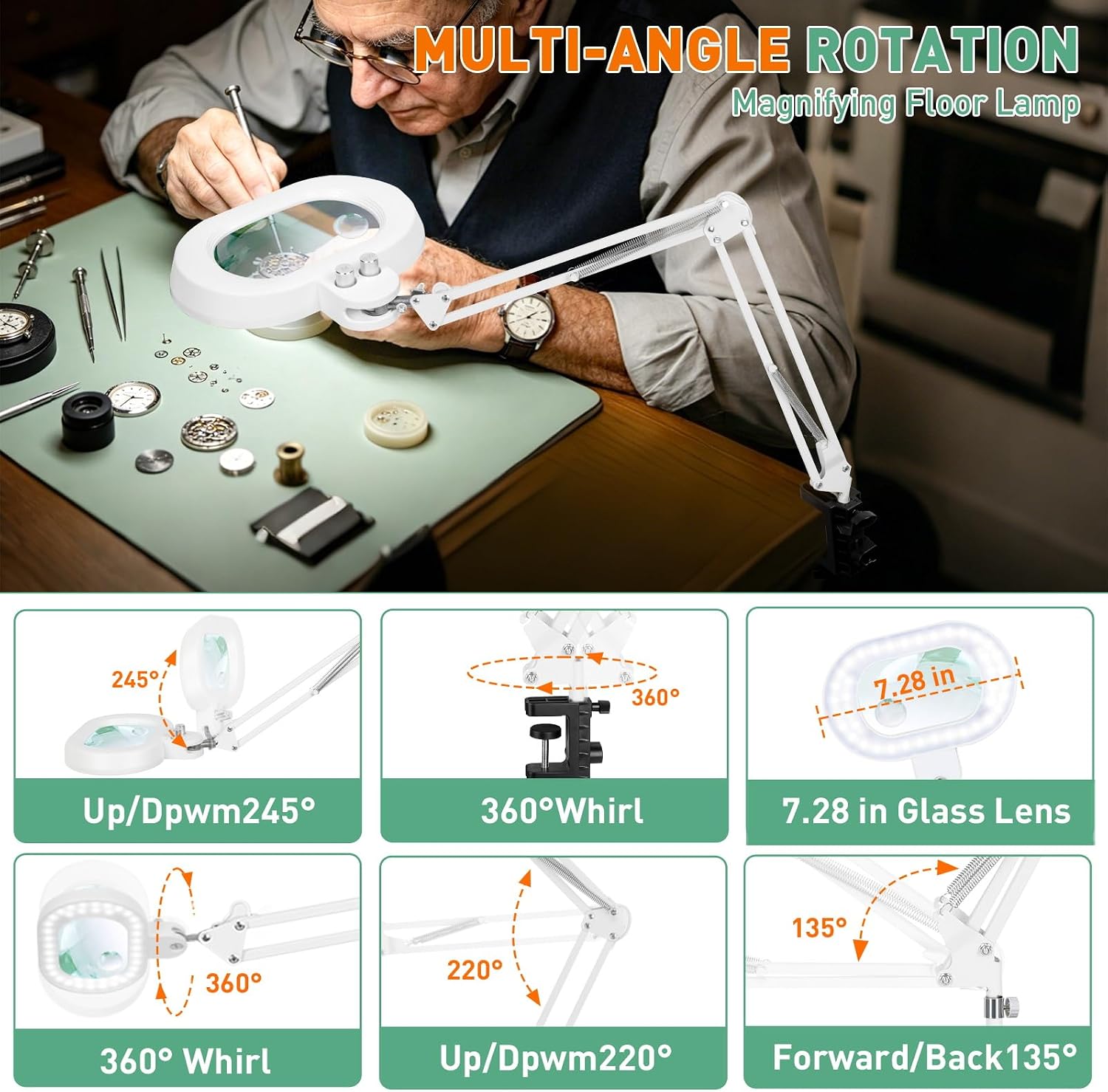 30X 12X Floor Magnifying Glass with Light, Three-axis Rotation Lighted Magnifier lamp for Workbench, Craft, Sewing, Reading, Repair, 2 in 1 Infinite Color Dimmable, 4 Wheel Stand Base-White