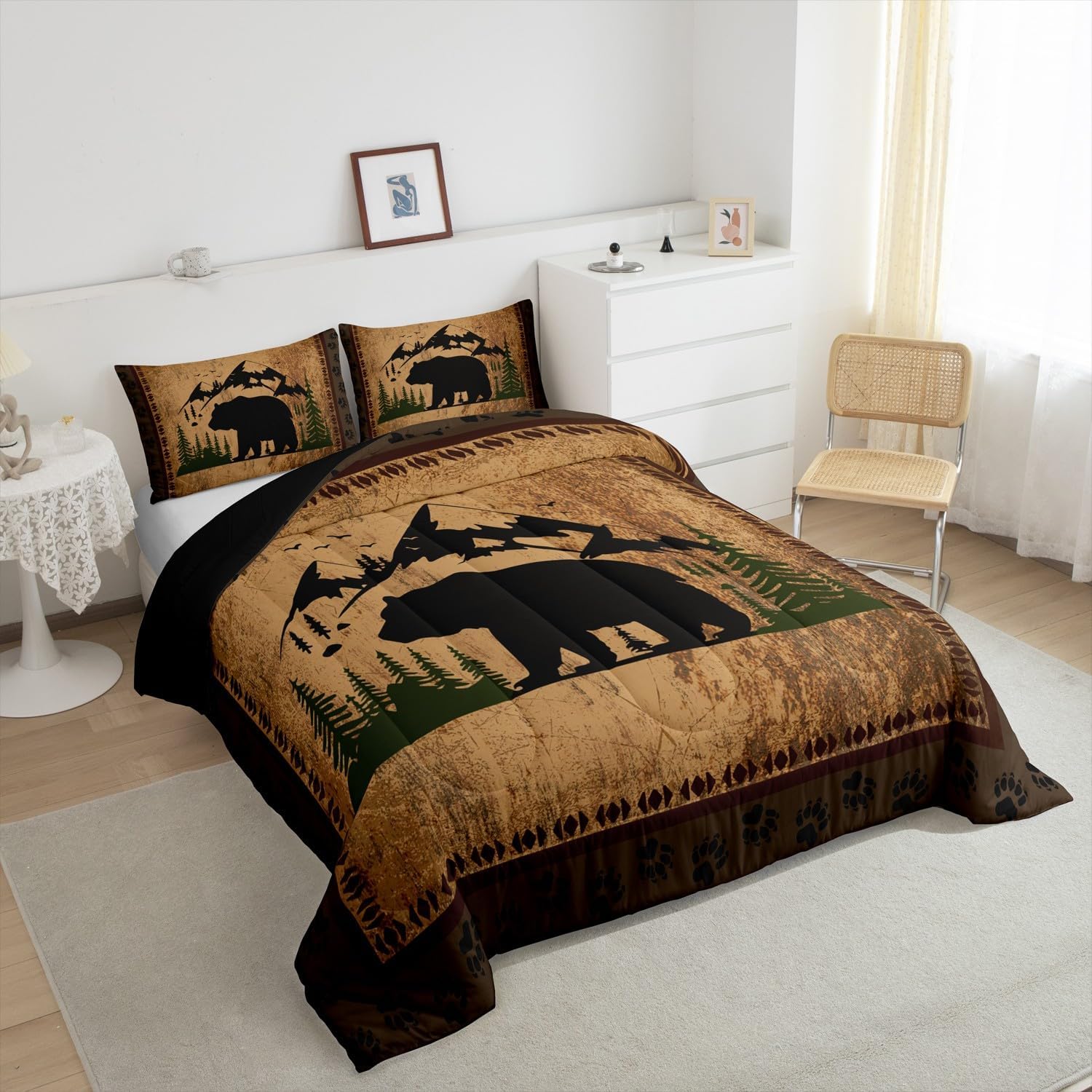 Feelyou Bear Farmhouse Western Bedding Set Wild Animal Comforter Set Rustic Cabin Comforter for Women Men Room Decor Wild Animal Duvet Set Queen Size with 2 Pillow Case