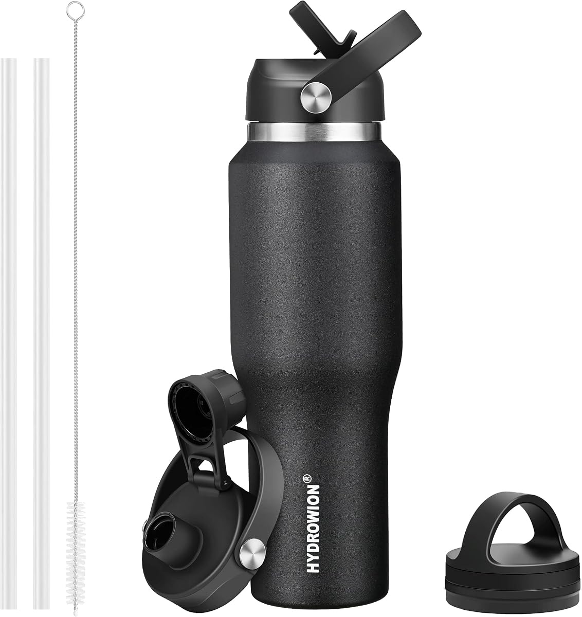 32oz Stainless Steel Water Bottle(Cold for 48 Hrs, Hot for 24 Hrs),Double Wall Vacuum Insulated Water Bottle with Straw Lid, Spout Lid and Flex Cap, Fit in Any Car Cup Holder,Black