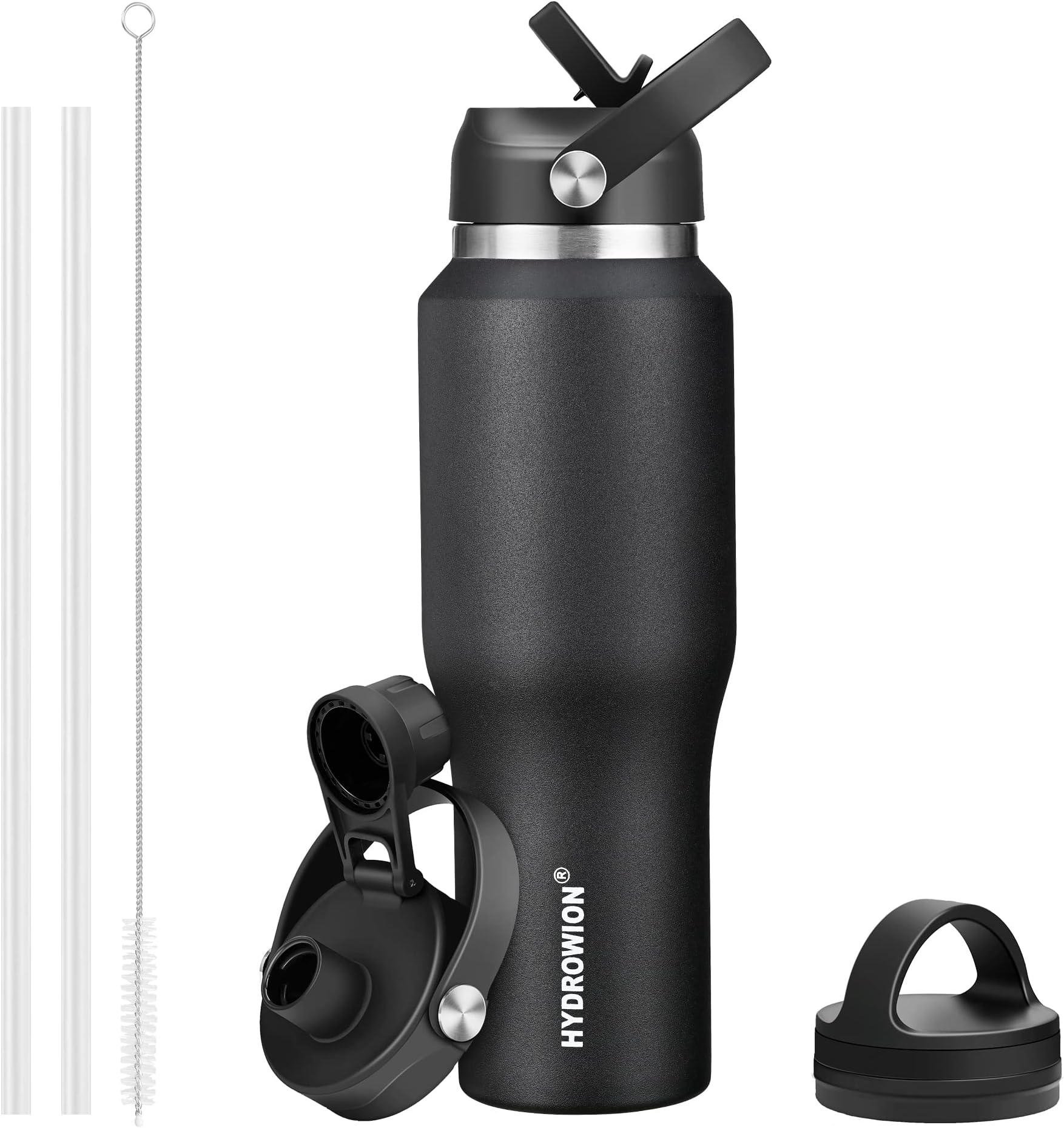 HYDROWION 32oz Stainless Steel Water Bottle(Cold for 48 Hrs, Hot for 24 Hrs),Double Wall Vacuum Insulated Water Bottle with Straw Lid, Spout Lid and Flex Cap, Fit in Any Car Cup Holder,Black
