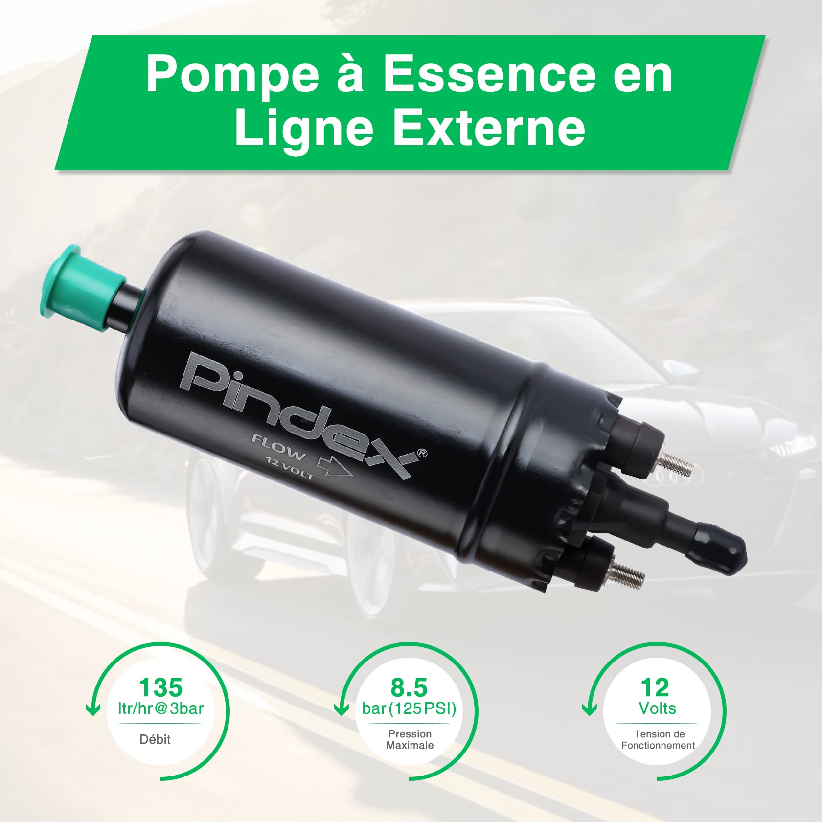Pindex Pompe à Carburant Électrique: 125 PSI Pompe à Essence en Ligne Externe Haute Pression 12 V pour Essence, Diesel, Transfert d’essence Universelle Remplacement - Noir