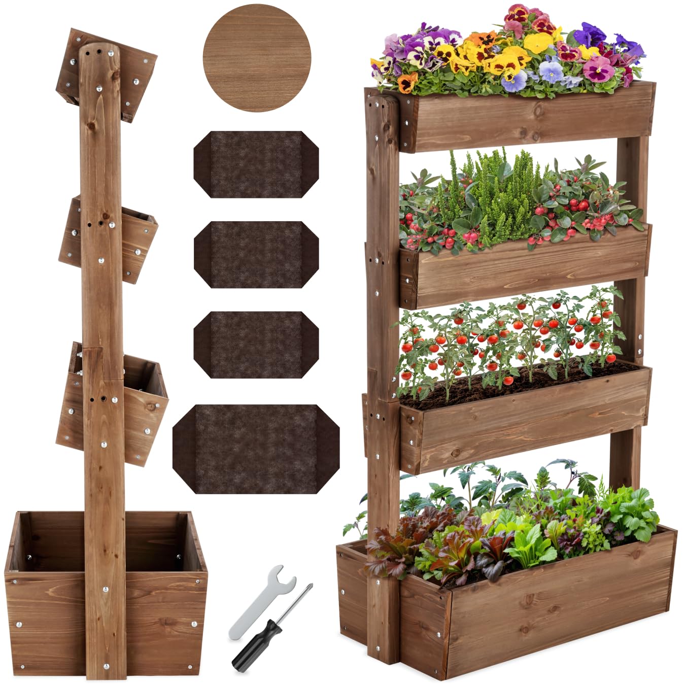 tectake® 4-Tier Vertical Planter in Varnished Fir Wood, Raised Planter for Flowers, Herbs & Vegetables, Incl. Fleece Lining, Raised Garden Bed for Garden, Patio & Balcony - Brown, 85 x 45 x 140 cm