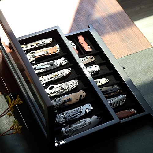 Miniatura 7 de Estuche de exhibición de cuchillos de dos niveles, caja de almacenamiento para cuchillos de bolsillo de 15 a 17 cuchillos de bolsillo, estuche