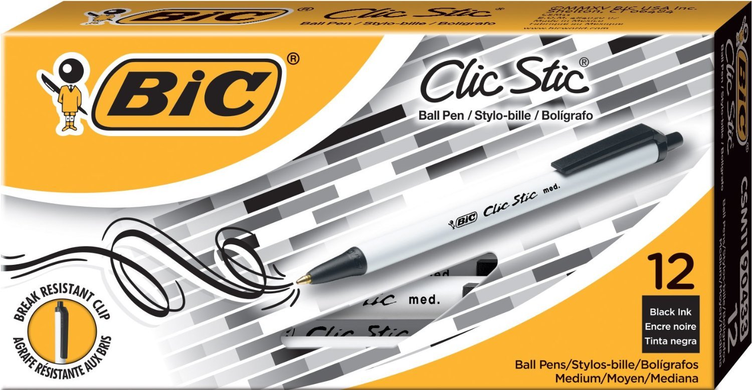 BIC® Clic Stic® Retractable Pens, Medium Point, 1.0 mm, White Barrel, Black Ink, Pack Of 12