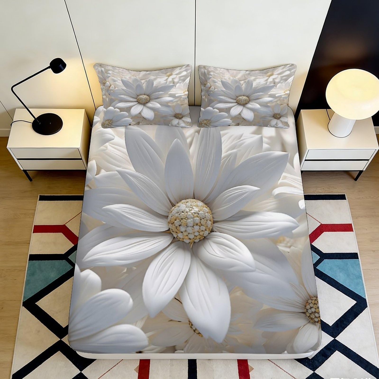 3D Printed White Daisy Fitted Sheet Microfiber Non-Slip Floral Blossom Bed Cover for Bedroom Guest Room Mattress Protection 160x200x25cm
