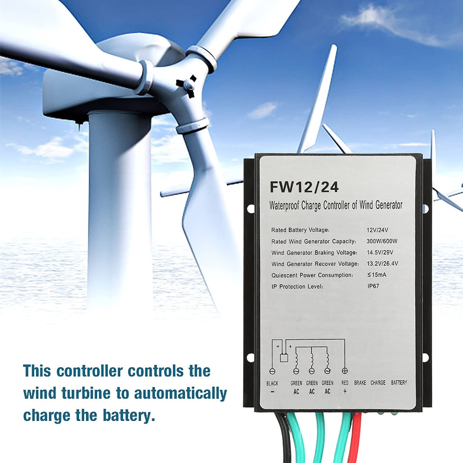 Windgenerator, Laderegler, automatischer Laderegler, Windturbinengenerator, FW12/24 12/24 V, 300 W/600 W, wasserdicht IP67