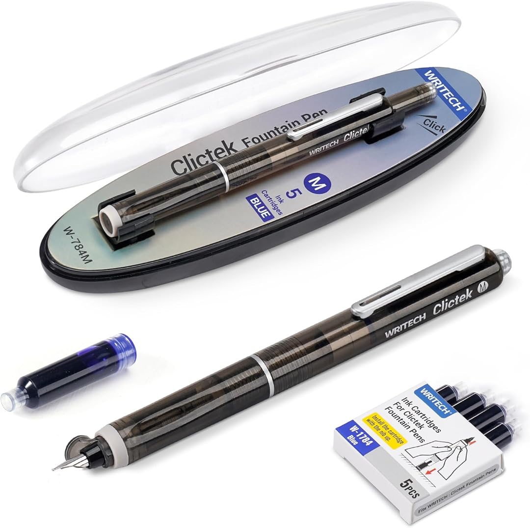 Clictek Fountain Pen Retractable Medium Nib Blue Ink Transparent Barrel ...