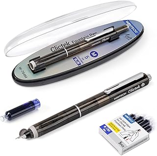 WRITECH Clictek Fountain Pen Retractable: Medium Nib Blue Ink Transparent Barrel Includes 5 Refillable Ink Cartridges, Smooth Writing No Leaking