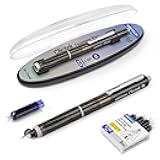 Clictek Fountain Pen Retractable: Medium Nib Blue Ink Transparent Barrel Includes 5 Refillable Ink Cartridges, Smooth Writing No Leaking
