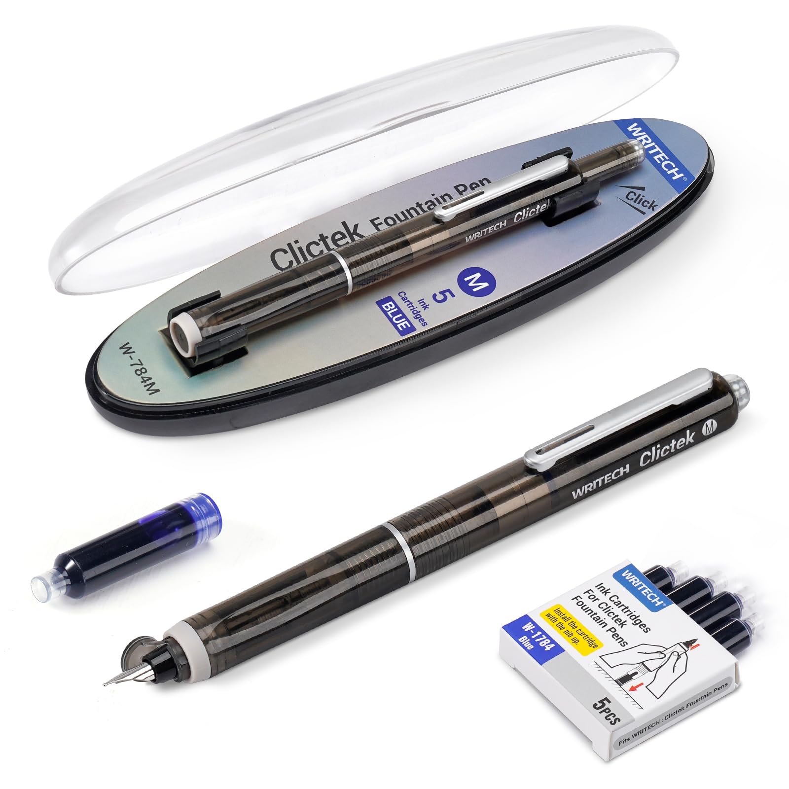 Sponsored Ad - Clictek Fountain Pen Retractable: Medium Nib Blue Ink Transparent Barrel Includes 5 Refillable Ink Cartridges, Smooth Writing No Leaking