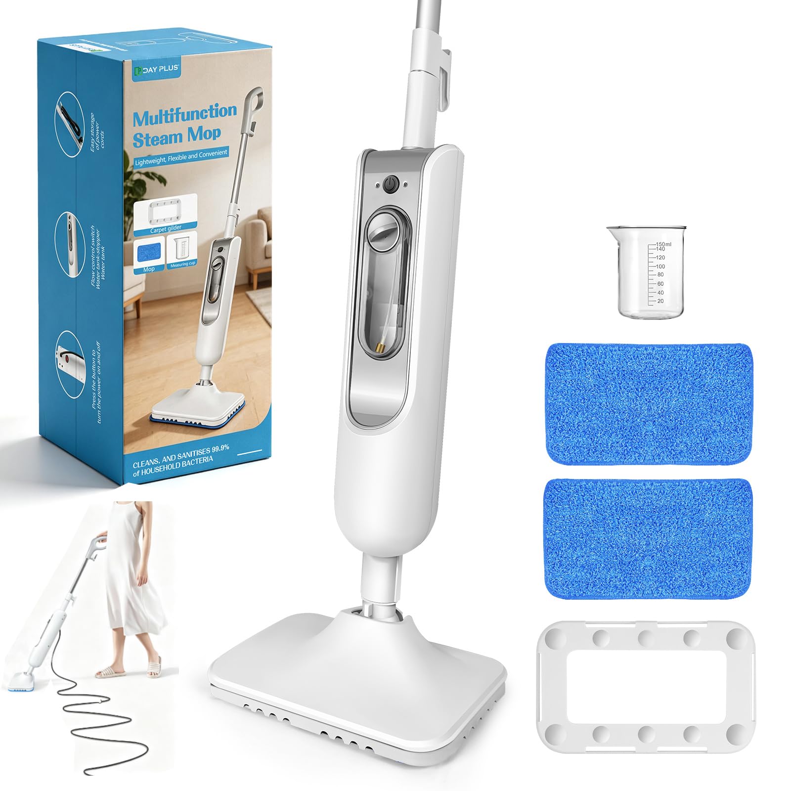 Mop parowy 1500 W z 2 stopniami pary, zbiornik na wodę 400 ml, szybkie nagrzewanie 30 s, usuwanie bakterii 99,9%, regulowana głowica czyszcząca, kabel 4,8 m