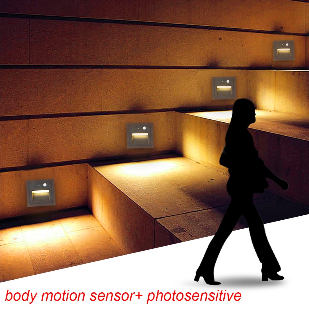 4Foco Empotrable de Pared LED 3W Lámpara de Pared Lámpara de luz de Escalera Detector de Movimiento Piso Lámpara de Escalera Empotrada Lámpara de Salón 2800K blanco Cálido
