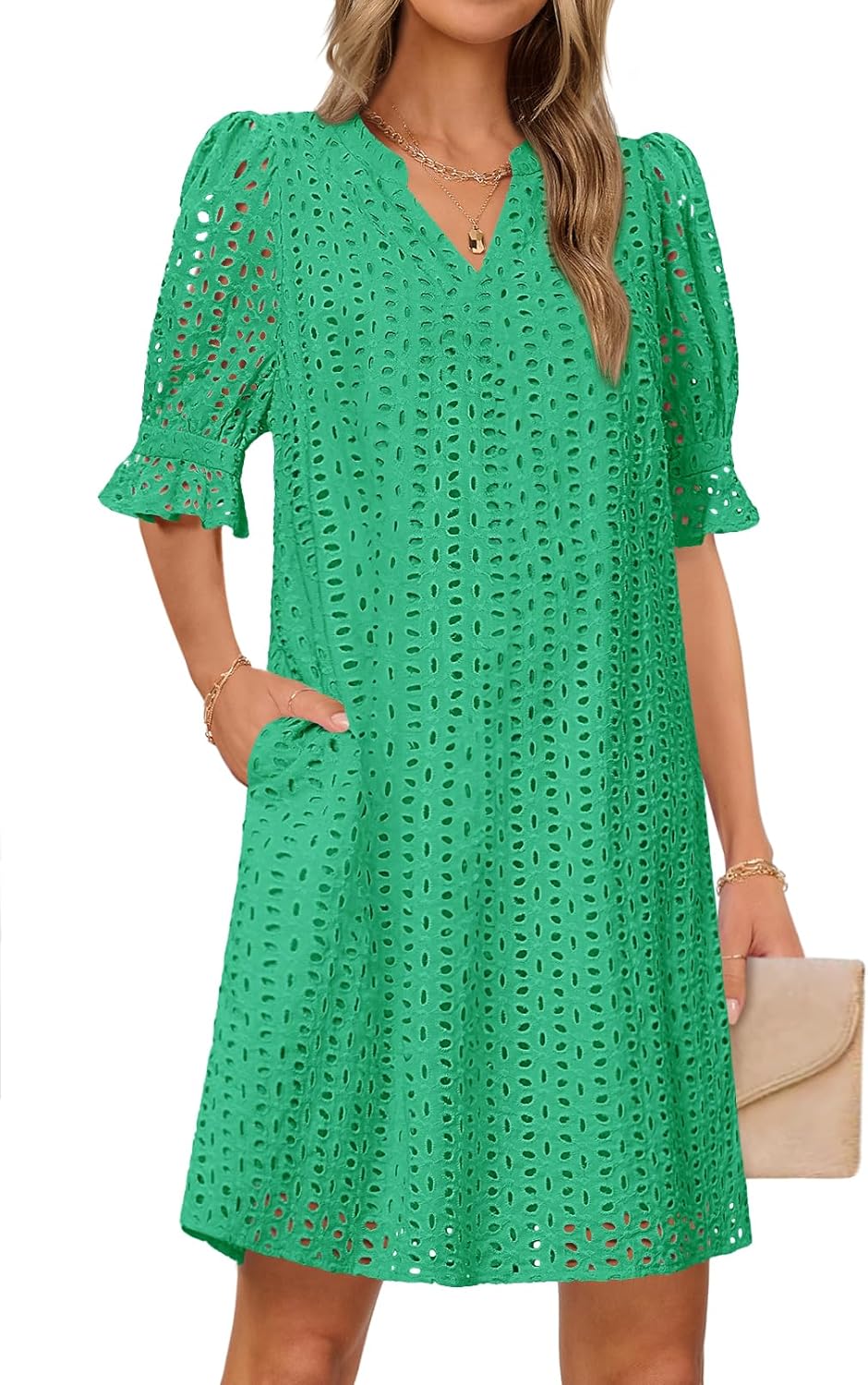 MEROKEETY Women’s 2025 Summer Short Sleeve Mini Dress V Neck Ruffle Hollow Out Eyelet Lace Dresses