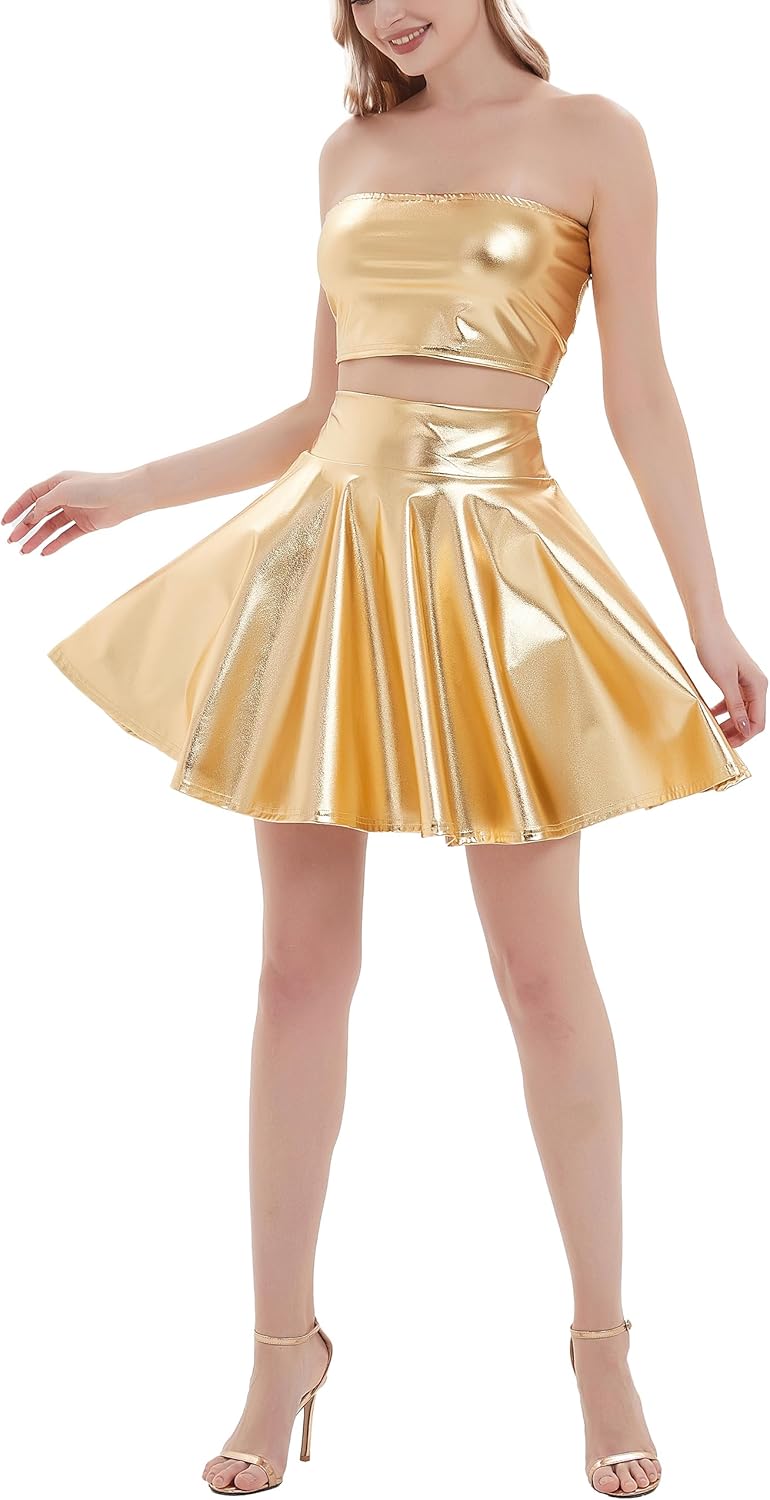 Women's Shiny Metallic Pleated Skater Skirt Short Flared A-Line Skirts Classic Sparkly Skirt Costume - Image 2