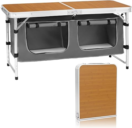 Miniatura 1 de Mesa plegable de aluminio para acampar con patas ajustables para viajes al aire libre, playa, patios, barbacoas, fiestas y picnic mesa plegable