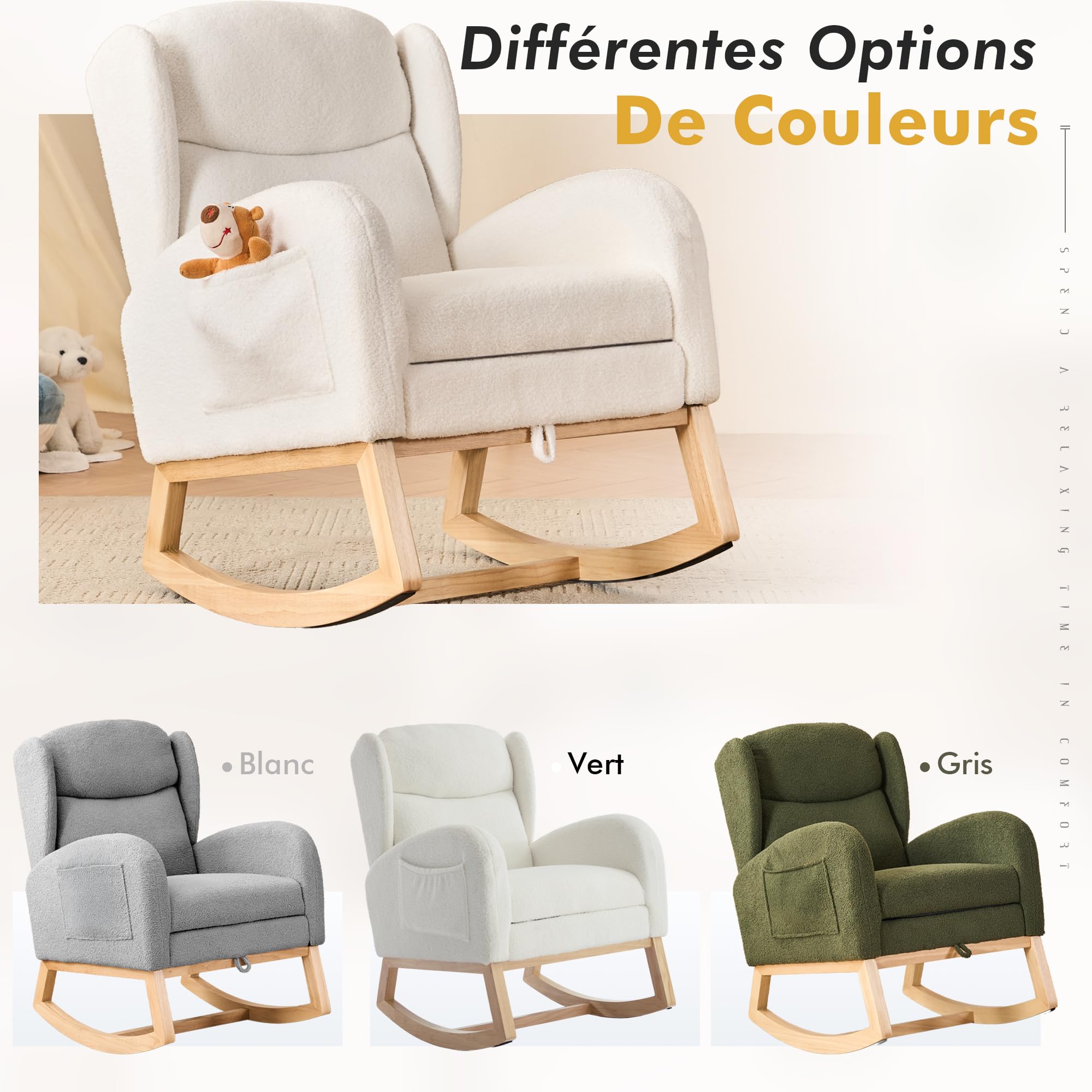 DEKKETO Fauteuil à Bascule avec Repose-Pieds - Rocking Chair Allaitement à Dossier Haut et Poche, Chaise a Bascule à Oreilles en Bouclette, pour Salon, Chambre Bebe, Blanc