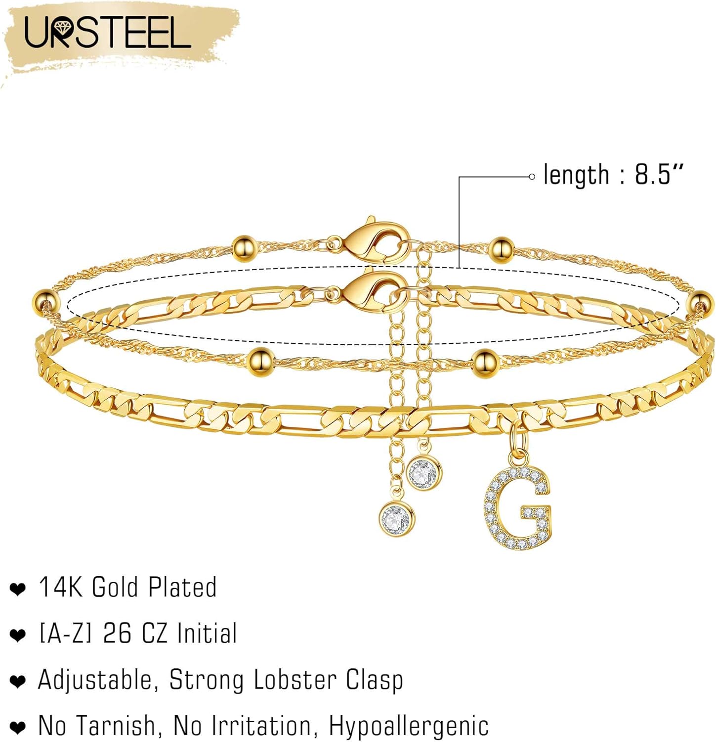 Ursteel Ankle Bracelets for Women, 14K Gold Plated Dainty Layered Chain CZ Initial Anklets Summer Jewelry Gifts for Women - Image 7