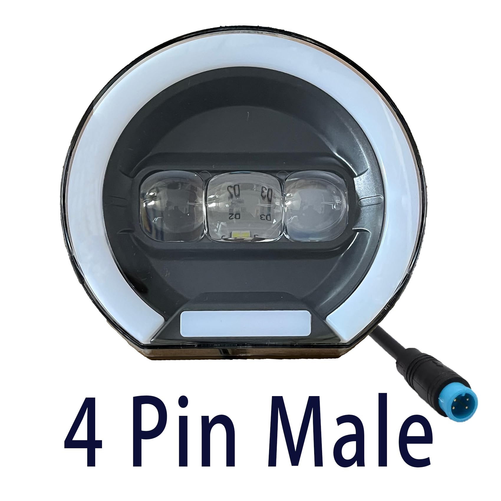 Faro a LED per e-Bike con connettore a 4 Pin, Luce Diurna Rotonda Angel Eye per Bici elettriche con Pneumatici Larghi, Luce Anteriore abbagliante Impermeabile 36V/48V