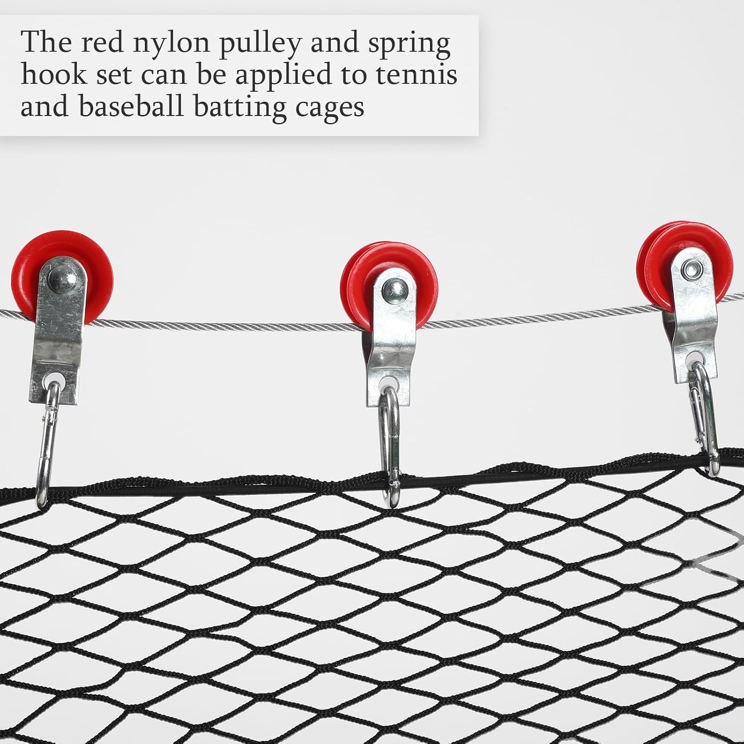 Tondiamo 30 Sets 1-3/4" Red Nylon Pulley and 1/4" Spring Hook Set, Galvanized Snap Clip Reinforced Nylon Baseball Batting Cage Cable System for Netting Baseball Batting Cages