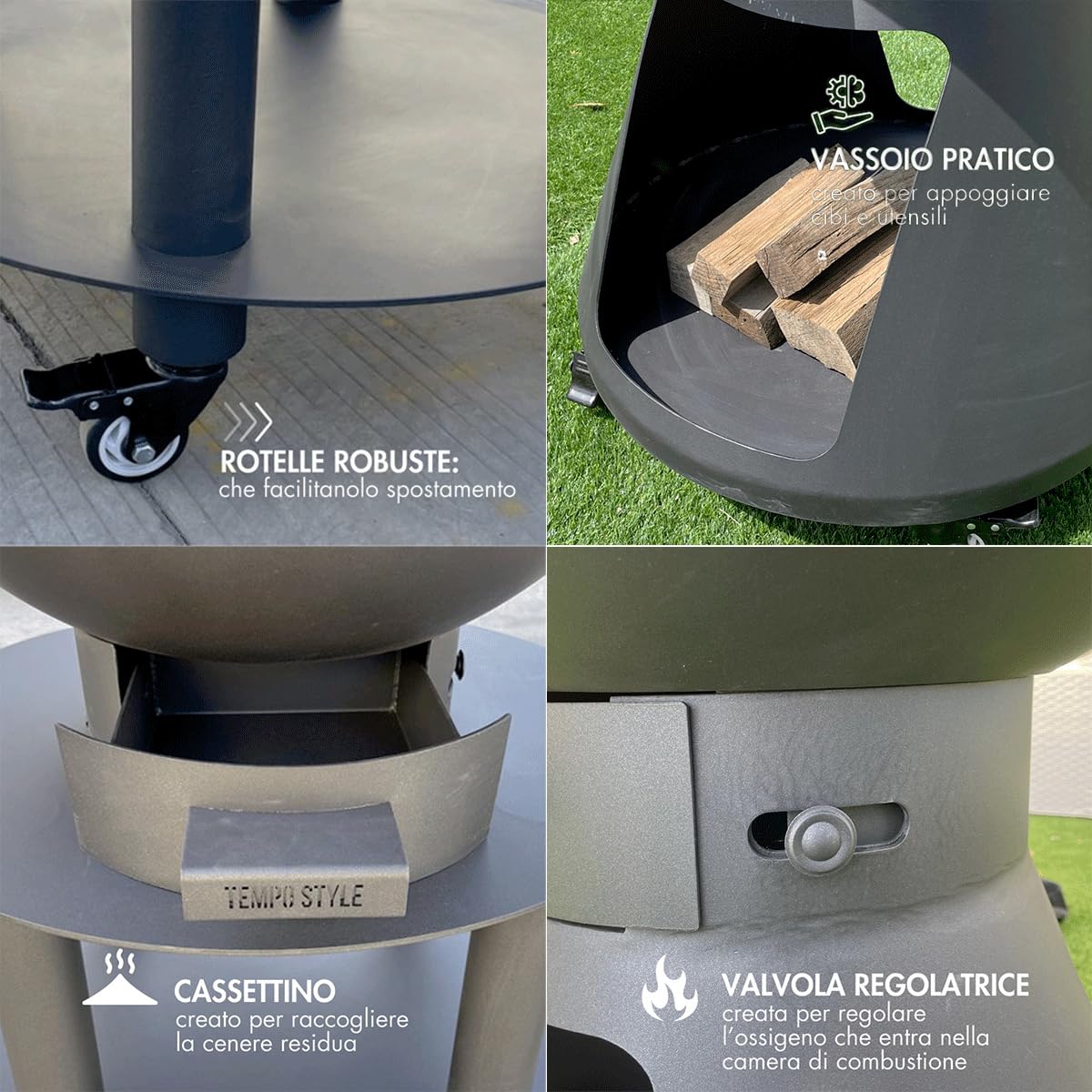 Barbecue a Legna e Carbone Yucatán | BBQ Tondo in Acciaio Corten da Esterno & da Giardino con Griglia di cottura in Acciaio Inox 316 sp.1cm, Portatile con Ruote (Antracite)
