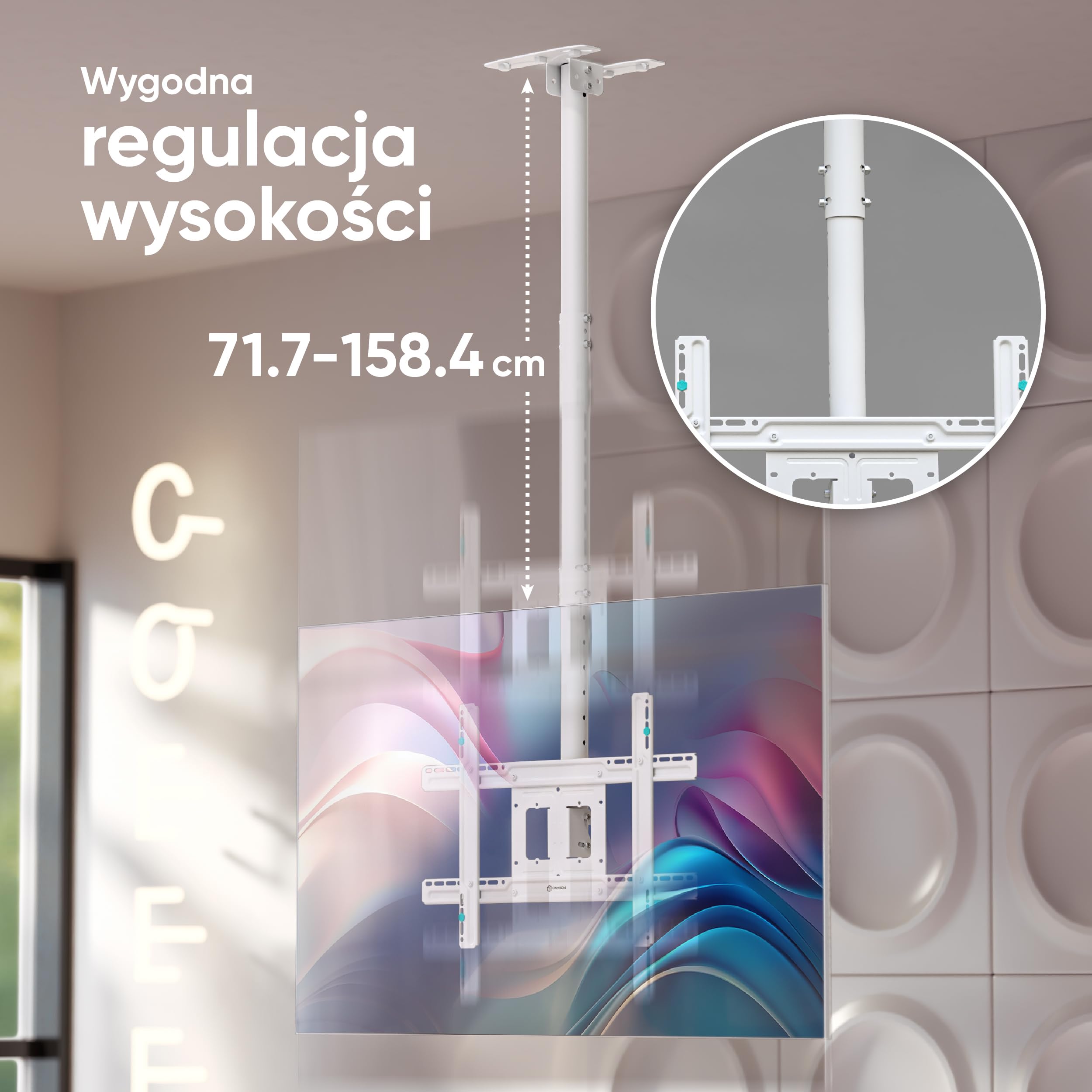 ONKRON Uchwyt Sufitowy do Telewizora 32-80 cali, maks. Nośność 68,2 kg, Regulacja Wysokości 717-1584 mm, VESA 100x100-600x400, Kanał Kablowy, Obrotowy i Pochylany, Stal, Biały N1L-W