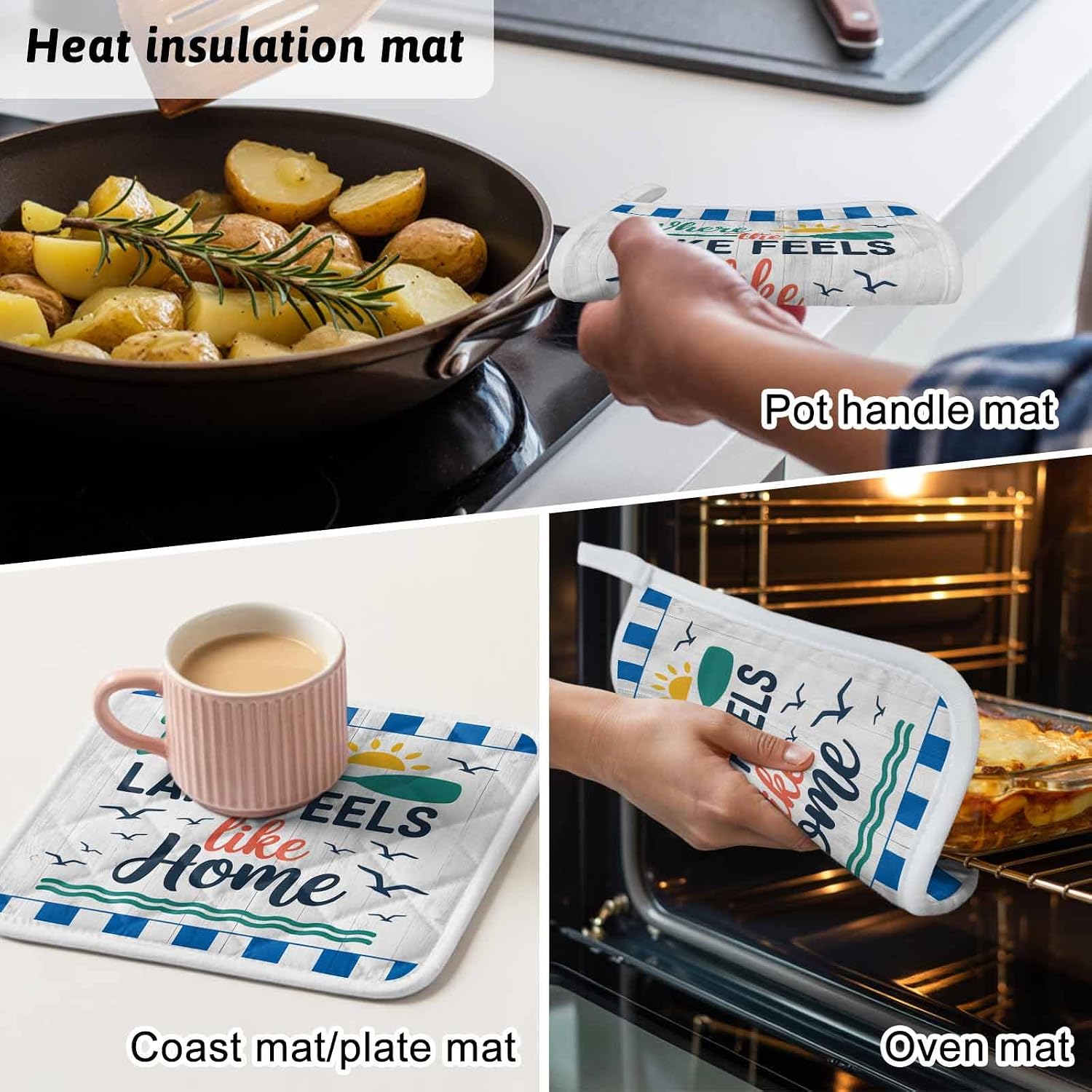 5 Pack Pot Holders for Kitchen, Vintage Art Hot Pads for Kitchen Countertops Oven Pot Holder Bulk, Funny Words Blue Striped Wooden Retro Art Heat Insulation Potholders with Hanging Loops