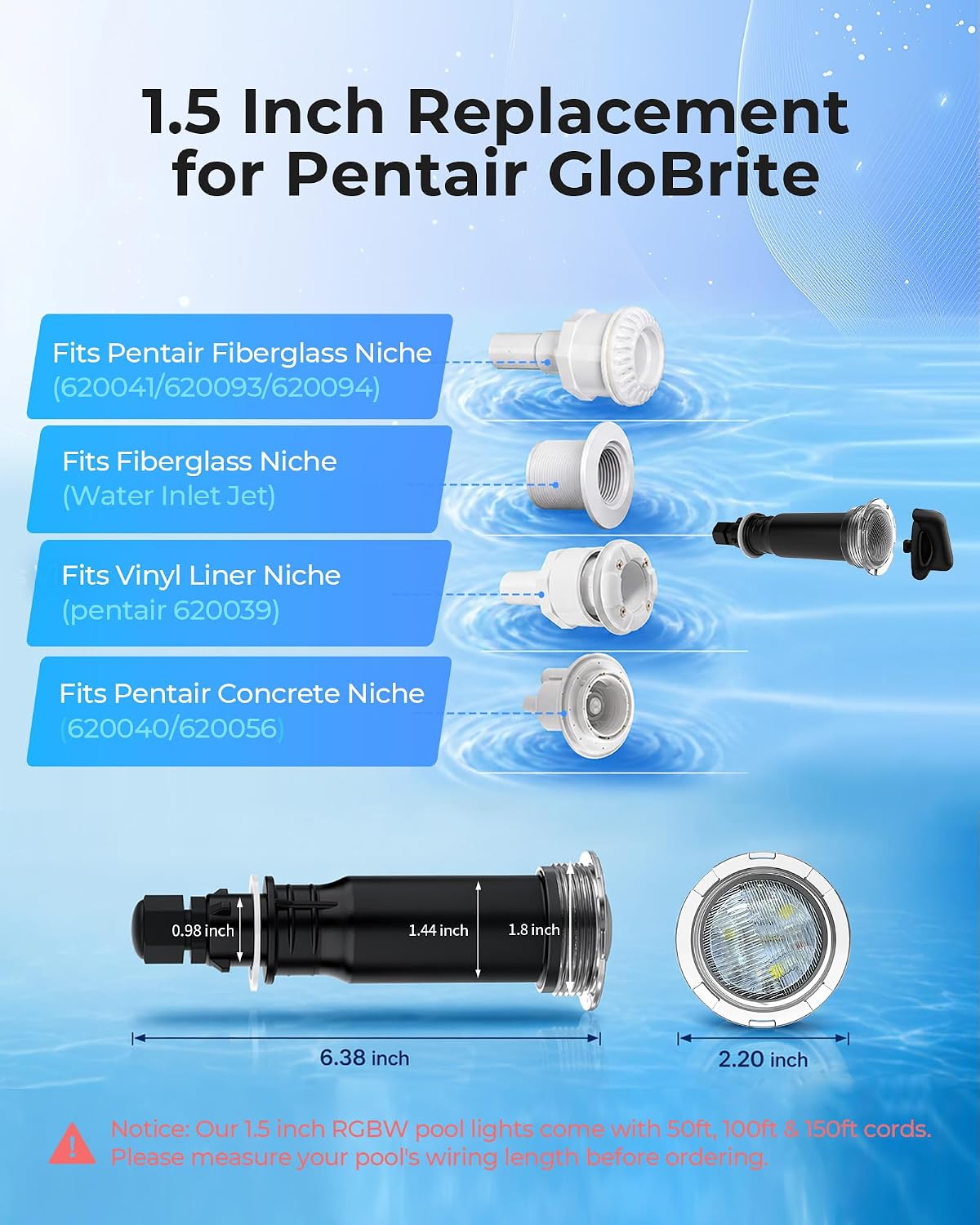 1.5 Inch RGBW LED Pool Lights for Inground Pool 50ft Cord Color Changing 12V AC Direct Replacement for Pentair GloBrite MicroBrite Pool Light IP68 Waterproof Underwater Led Spa Light | Direct Replacement for Pentair GloBrite MicroBrite 12V AC nicheless Pool Light IP68 Waterproof Underwater Led Spa Light
