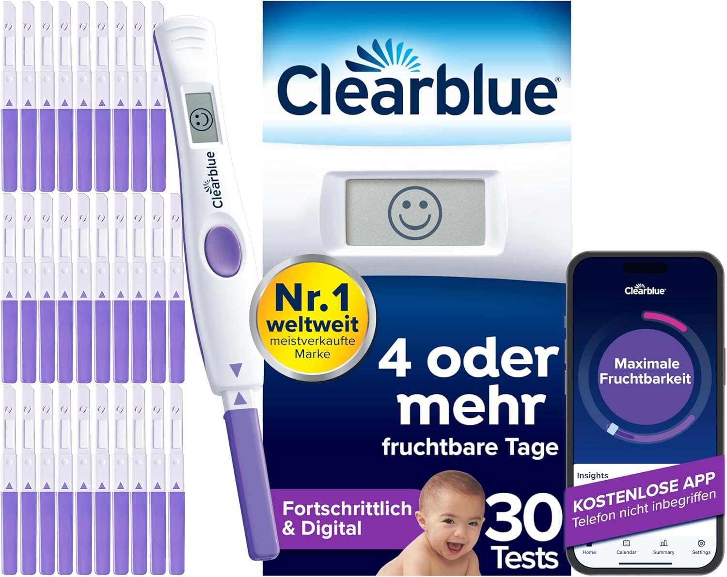 Clearblue Ovulationstest Fortschrittlich & Digital – 30 Ovulationstests + digitale Halterung inkl. App