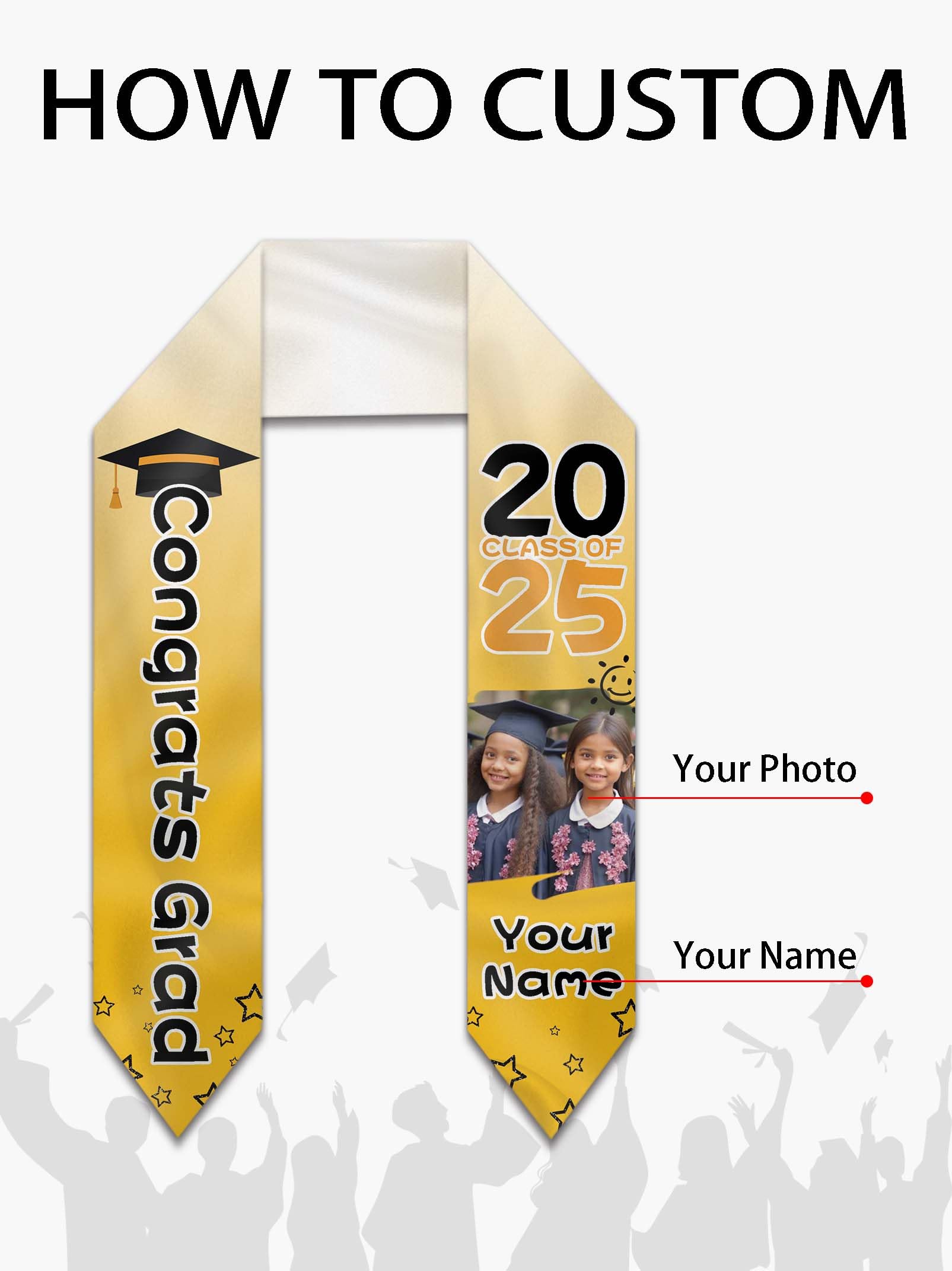 AUBAO Personalized Kindergarten Graduation Stole Custom Photo Kids 2025 Preschool Graduation Sash Gifts and Keepsake (Yellow)
