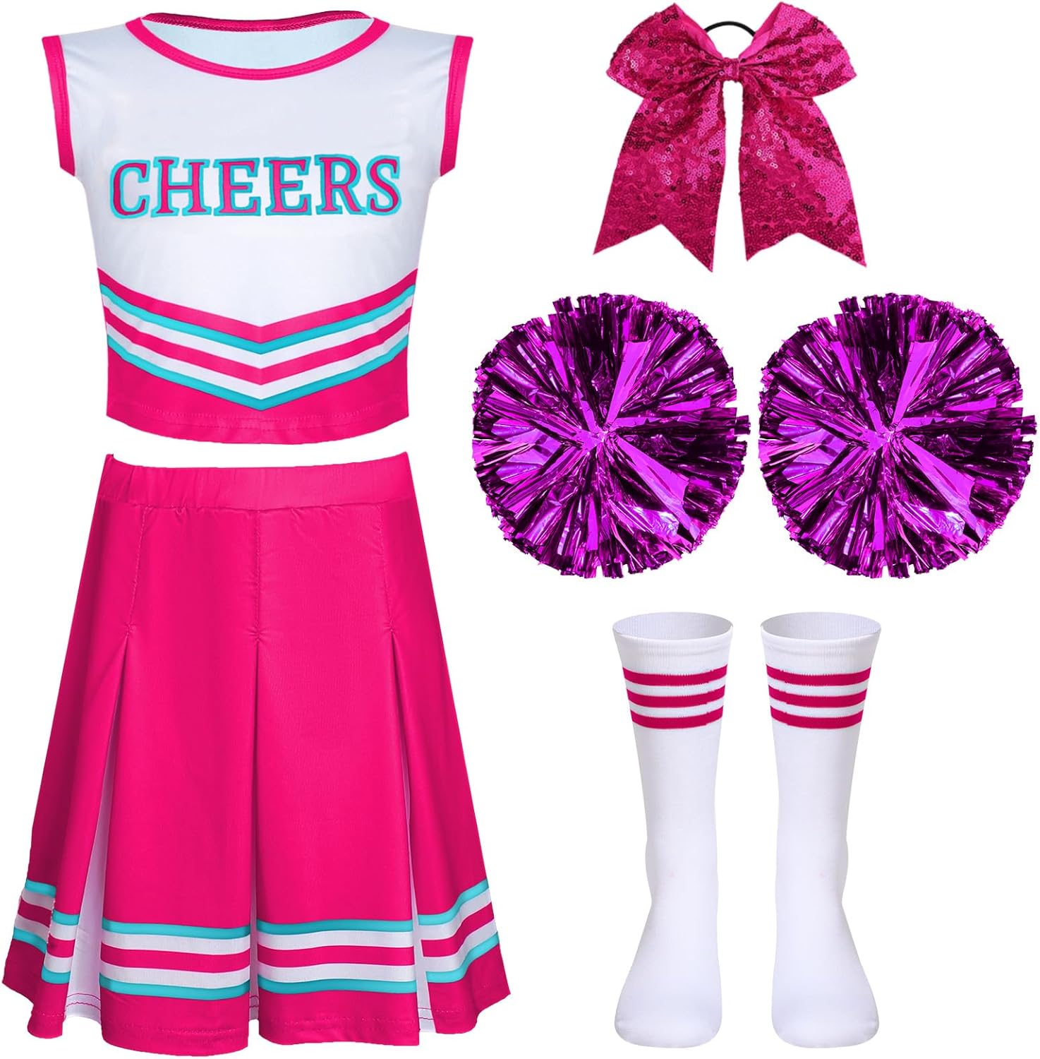 Unittype 4 Pieces Girls Cheerleader Costumes Outfit Cheer Uniform Halloween Dress for Party Birthday