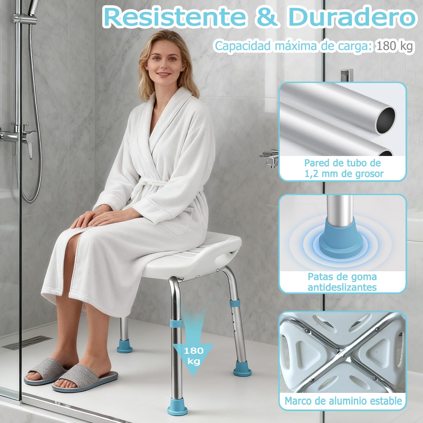 Taburete de Baño para Personas Mayores, Taburete de Ducha de Aluminio Ligero, Altura Ajustable Silla de Ducha con Patas de Antideslizantes, Pequeño Respaldo y Asas Integradas, Carga de 150 kg