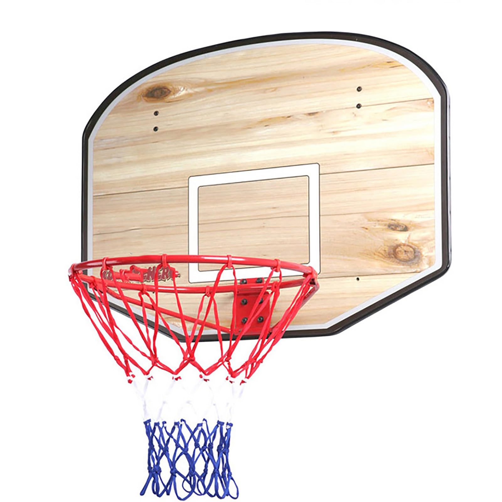 Aro de baloncesto montado en la pared con tablero de madera y borde de acero para uso en interiores y exteriores