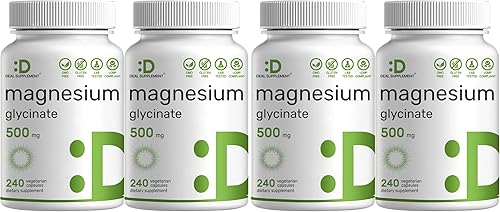 Deal Supplement Magnesium Glycinate 500mg, 480 Veggie Capsules  100% Chelated for Easy Absorption  Essential Mineral Supplement  Non-GMO,